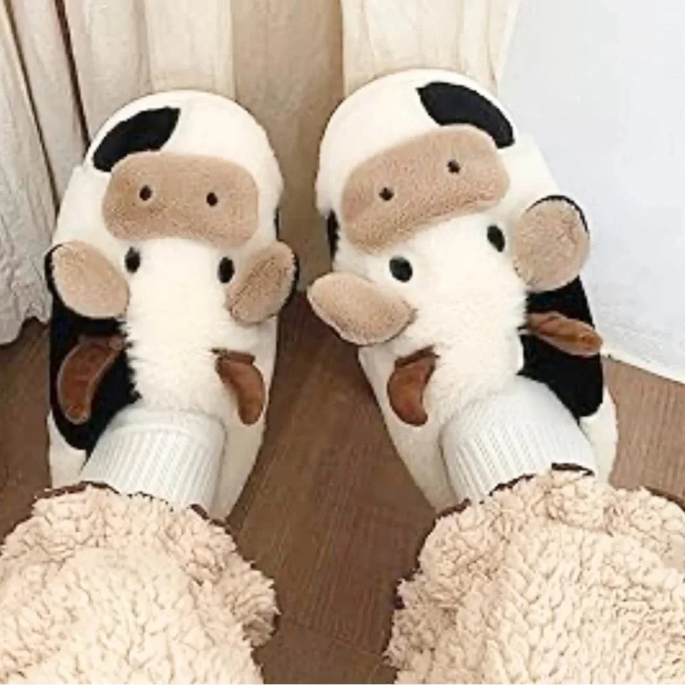 Sz 36-37 S SIZE - Small: 5-6 Women Cartoon Animal Slippers Shoes Cute Plush cow - Picture 1 of 4